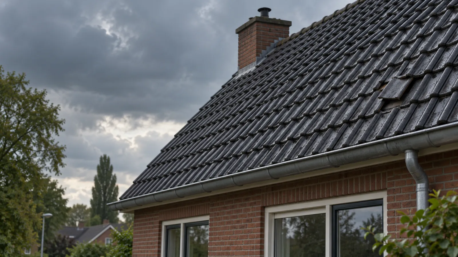 Pannendak met schoorsteen boven een bakstenen gevel.