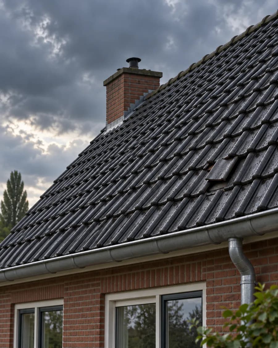 Pannendak met schoorsteen boven een bakstenen gevel.