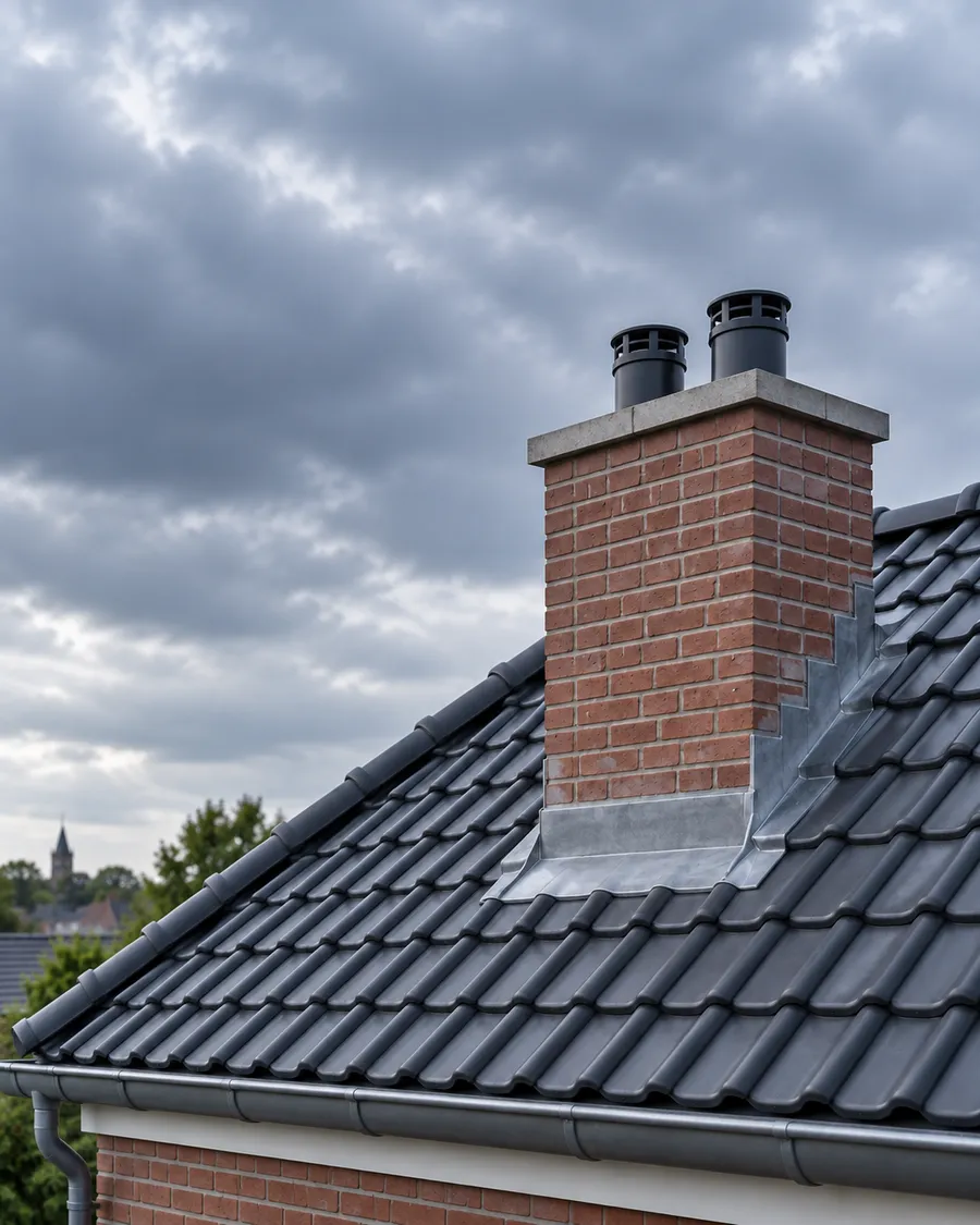 Gemetselde schoorsteen met lood aan de aansluiting op het pannendak.