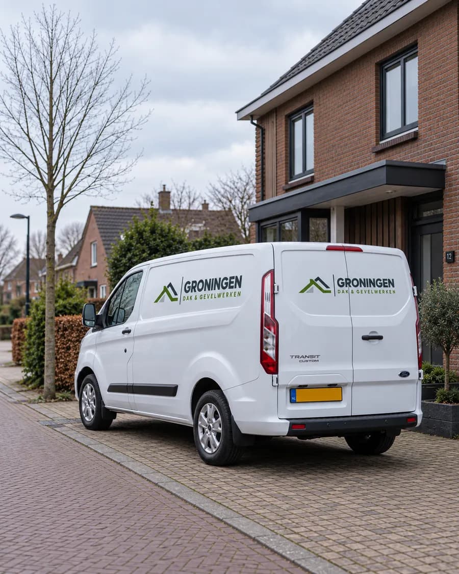 Bedrijfsbus met de naam Groningen Dak & Gevelwerken bij een woning.