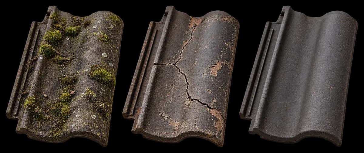 Vergelijking van een vervuilde, beschadigde en intacte dakpan