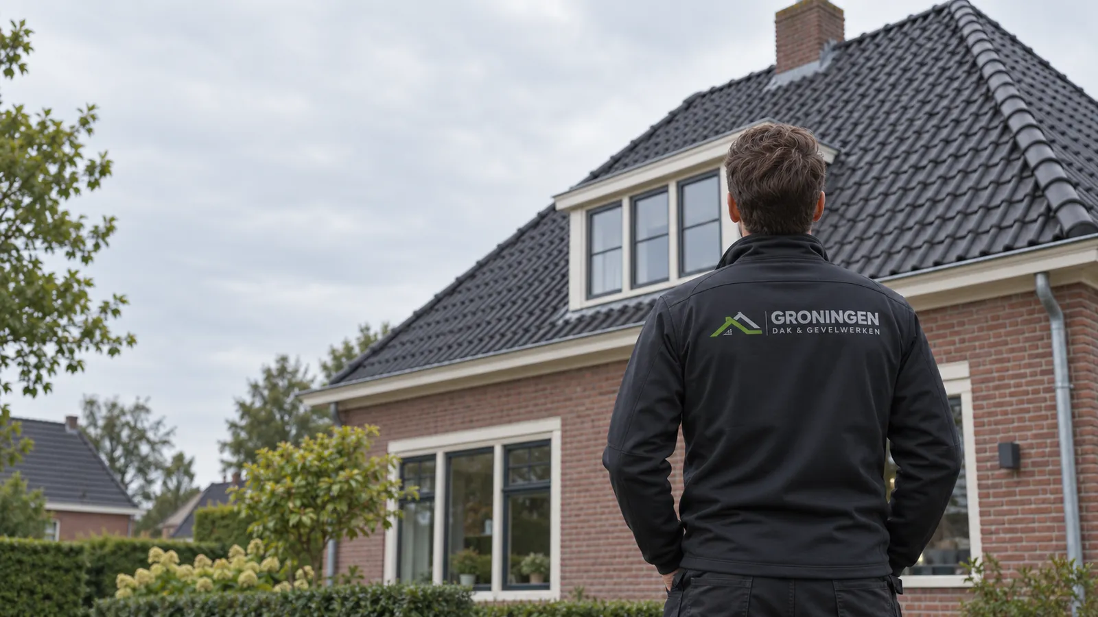Medewerker met GDG-jas voor een woning met pannendak.