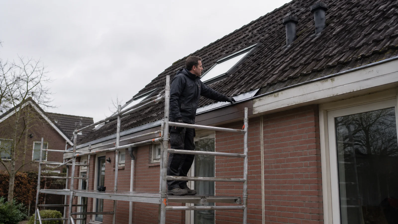 Illustratie bij daklekkage: een vakman op een steiger beoordeelt de loodrand en de dakpannen bij de dakrand.