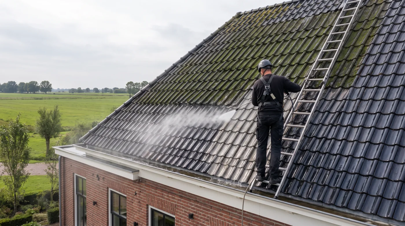 Illustratie bij dakreiniging: iemand beoordeelt vanaf een steiger de staat van dakpannen, loodwerk en de dakrand.