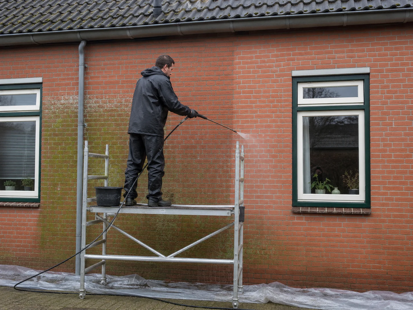 Illustratie bij gevelreiniging: een vakman reinigt een bakstenen gevel, met zichtbaar contrast tussen het schone en het nog vervuilde deel.