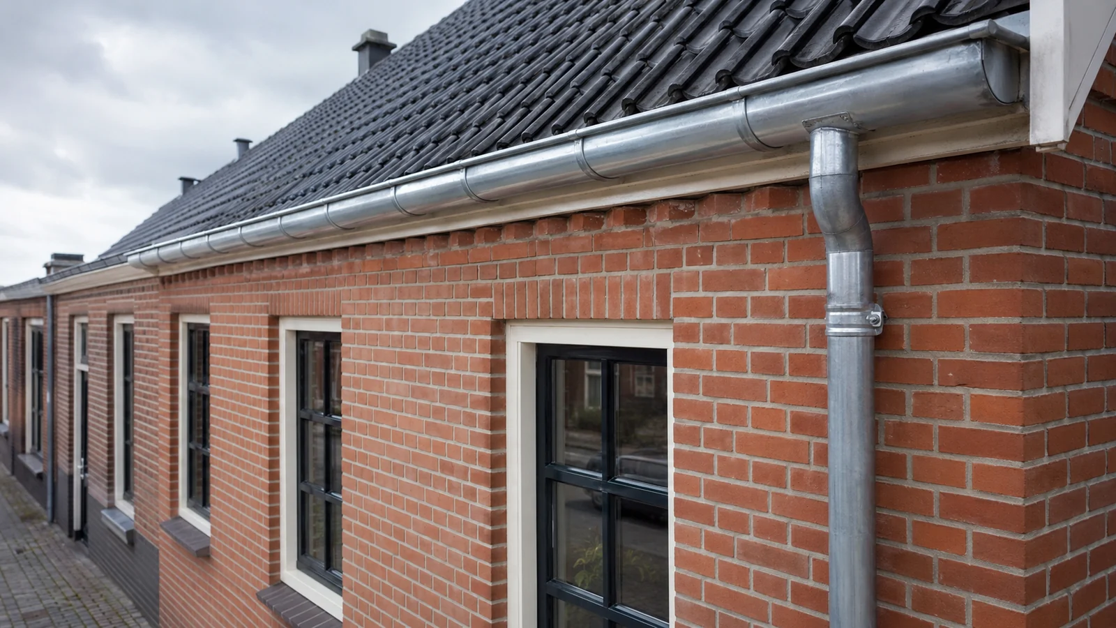 Illustratie bij schoorsteen-, lood- en zinkwerk: een zinken dakgoot langs de dakrand met een regenpijp langs de gevel.