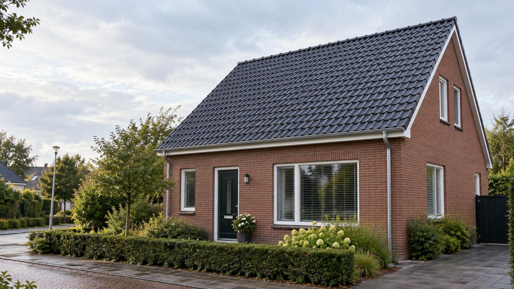 Vrijstaande woning met een strak, onbeschadigd hellend pannendak in antraciet.