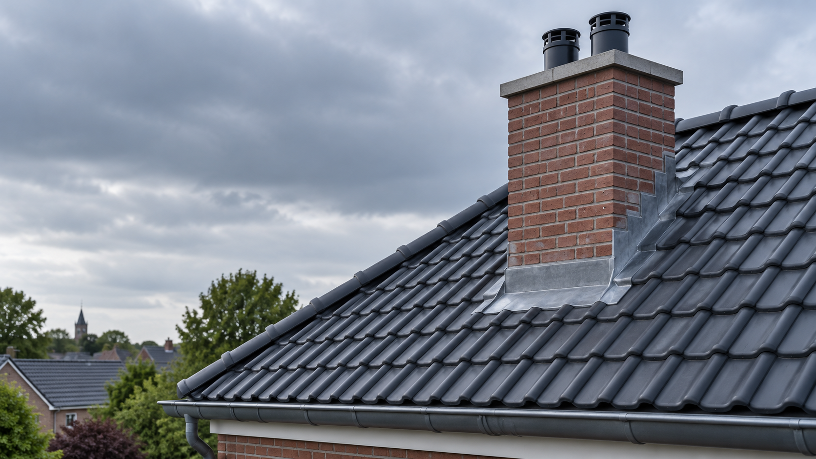 Gemetselde schoorsteen met twee afvoerpijpen op een antraciet pannendak, met zichtbaar loodwerk rondom de voet.