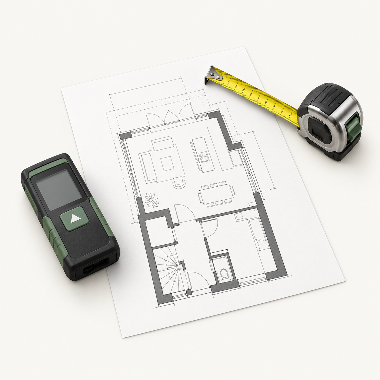 Rolmaat en laserafstandmeter op een bouwtekening, symbool voor het opmeten van de situatie.