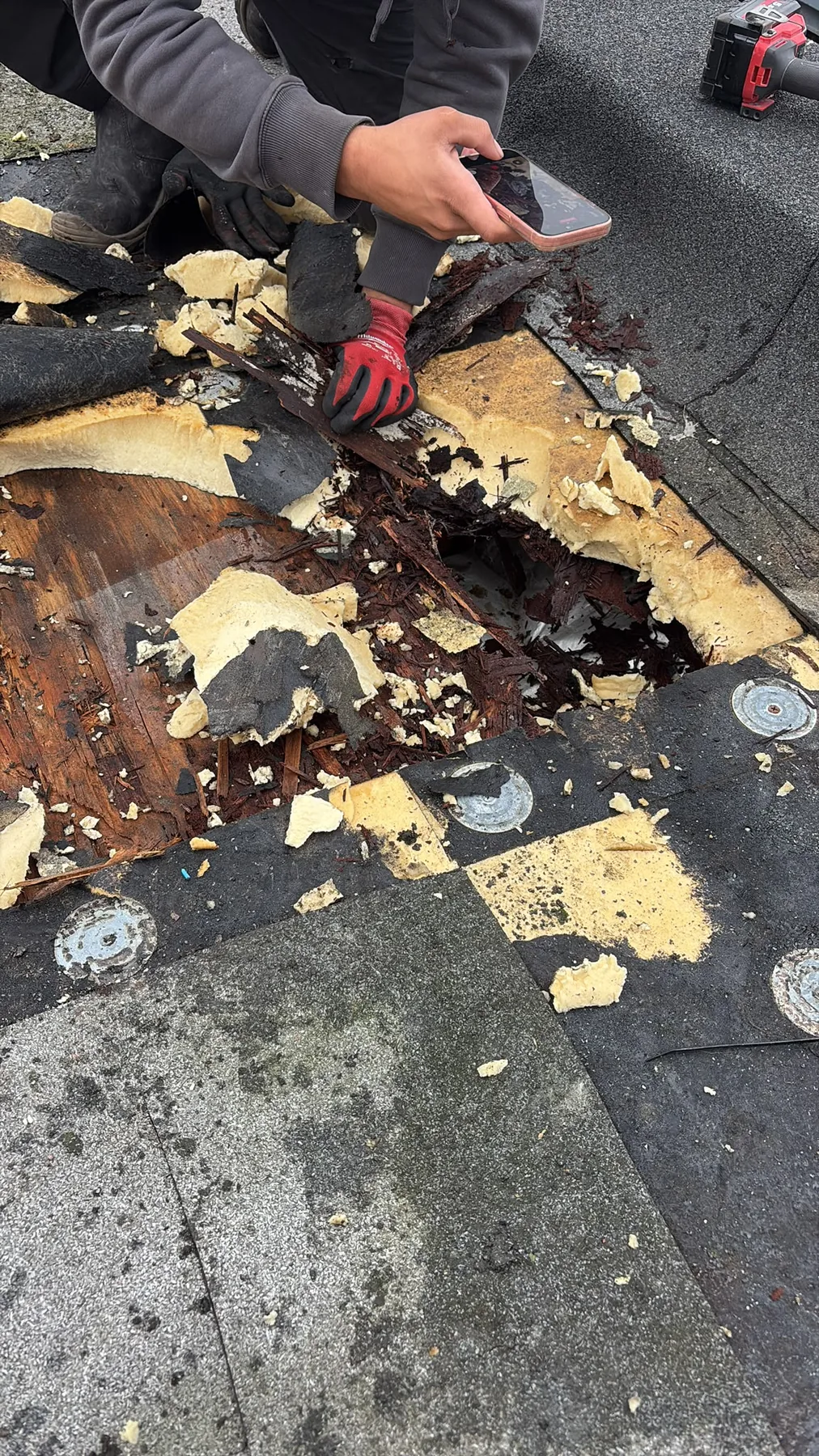 Opengelegde plek in de dakbedekking, met vochtschade in de laag eronder